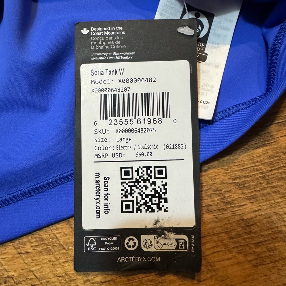 Arc'teryx Soria Tank Size Large NWT Electra / Soulsonic Blue RARE! - Picture 5 of 10